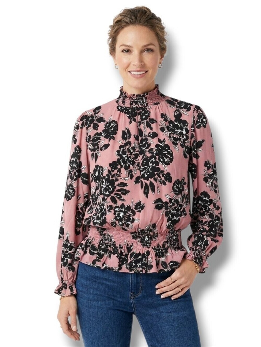 Adrienne Vittadini Pink Floral Smocked Long Sleeve Blouse – Size Large - Picture 9 of 9
